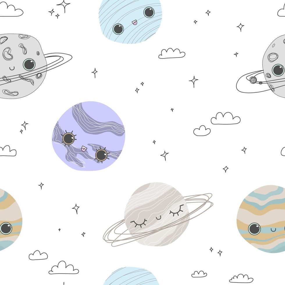 Cute pattern planets and stars clouds in space White doodle cosmos vector