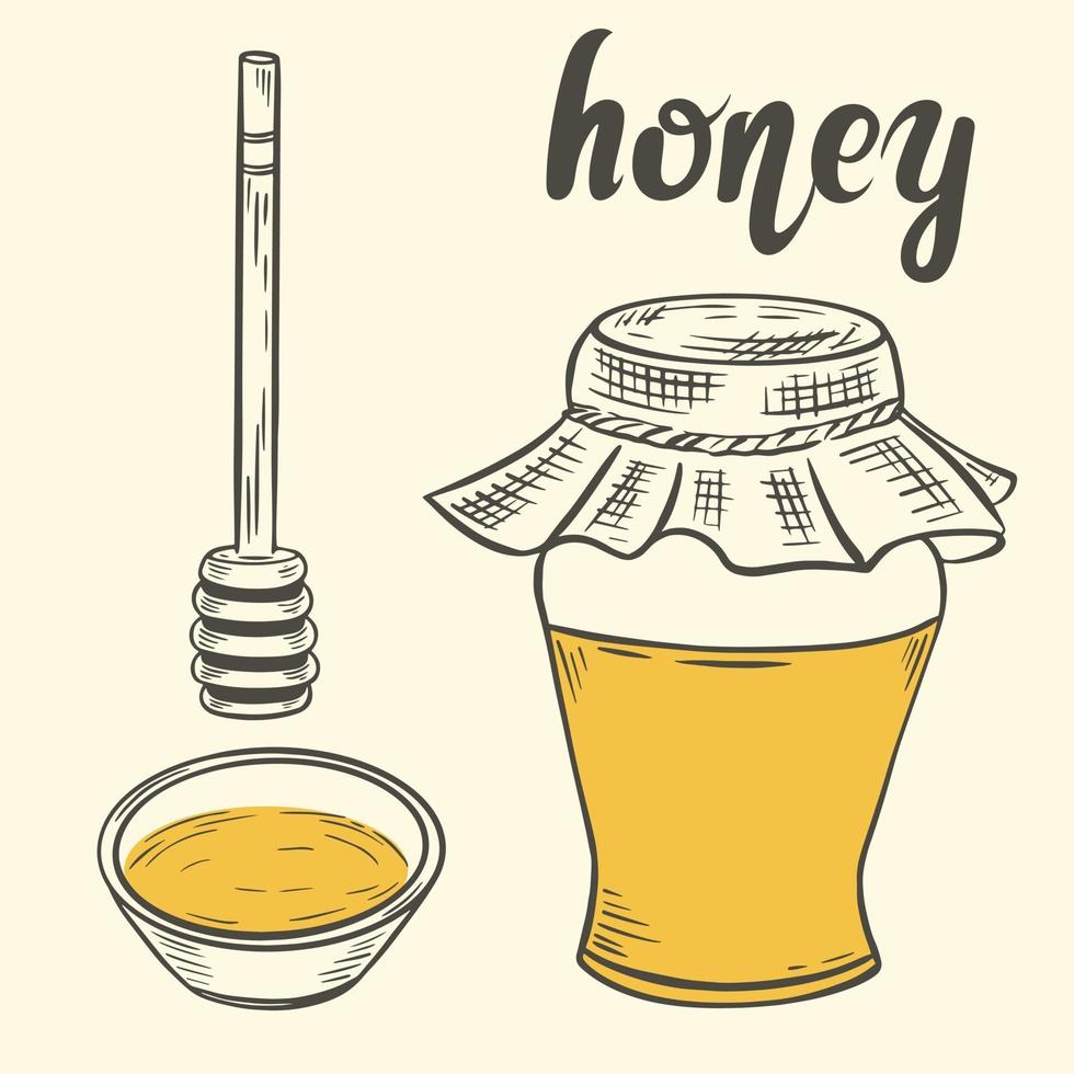 Handmade sketch of honey jar spoon and bowl vector