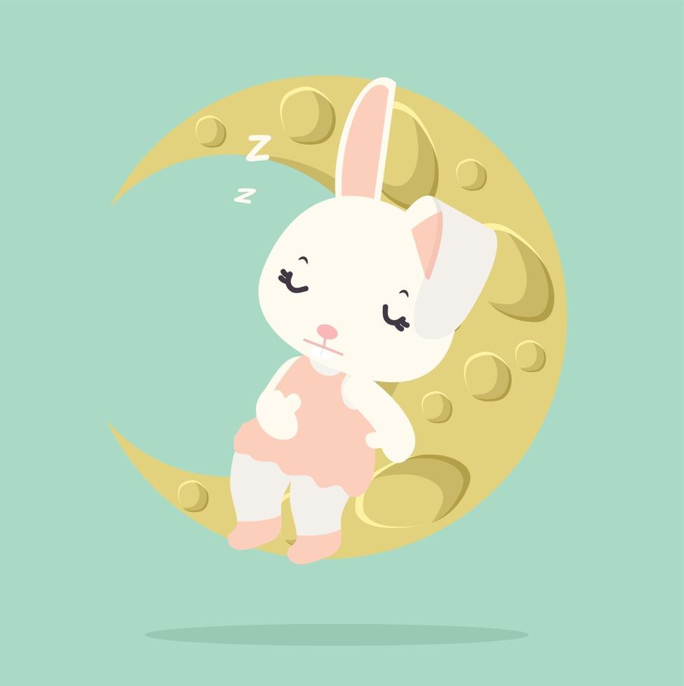 divertido conejo blanco duerme con luna vector