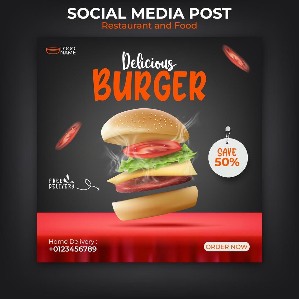 Plantilla de banner de hamburguesa o comida para promoción en redes sociales. vector