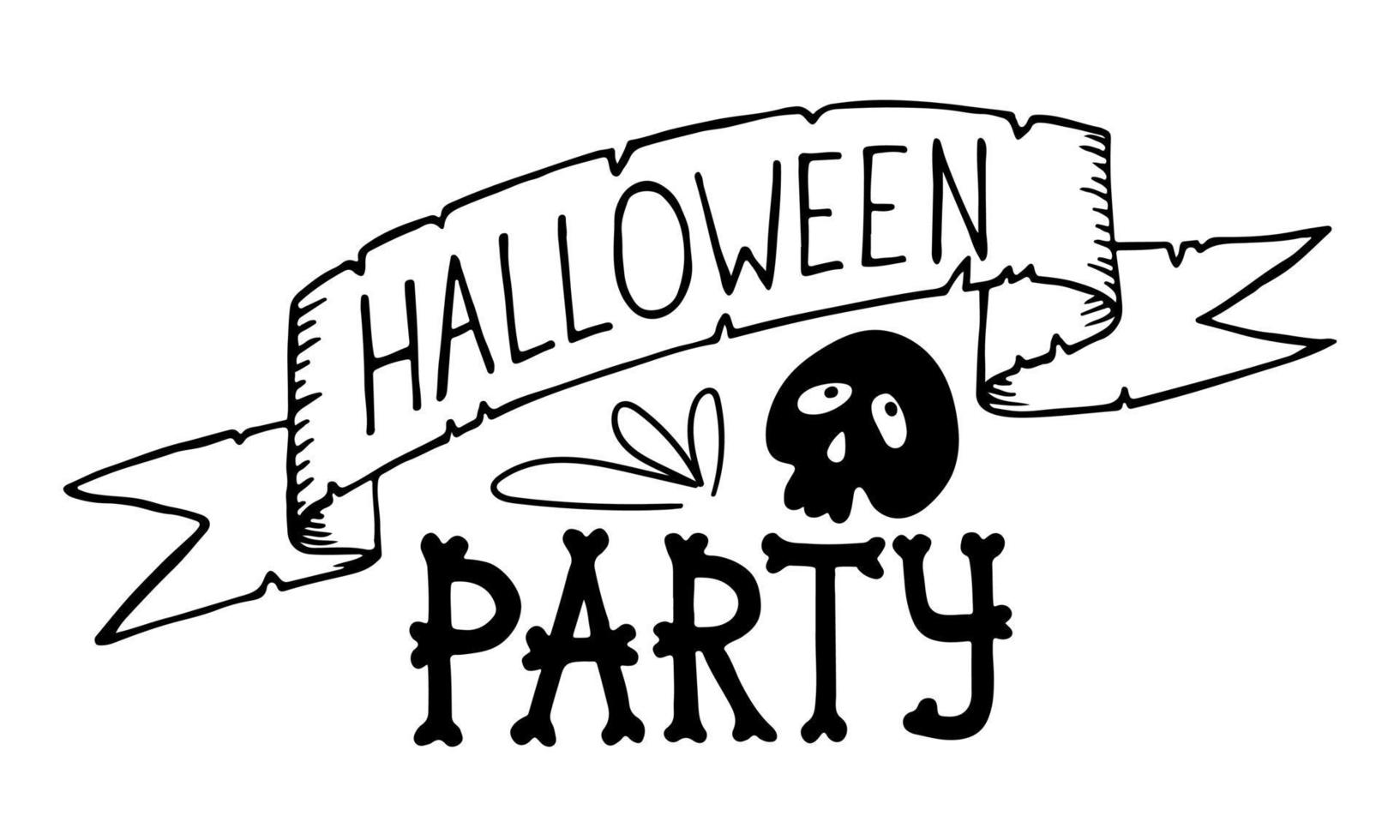 Lettering halloween party.  Black phrase with a skull and ribbon vector