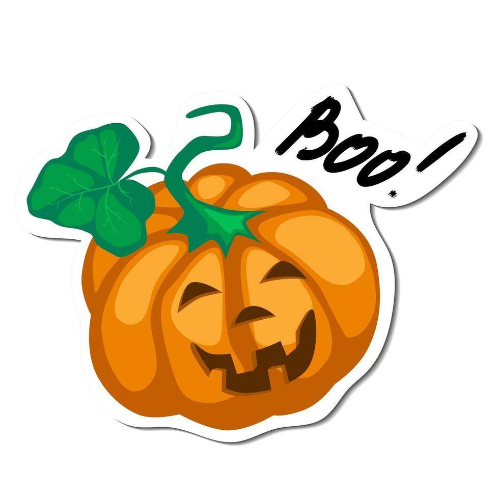 Halloween orange smiling pumpkin and  lettering phrase Boo. Sticker vector