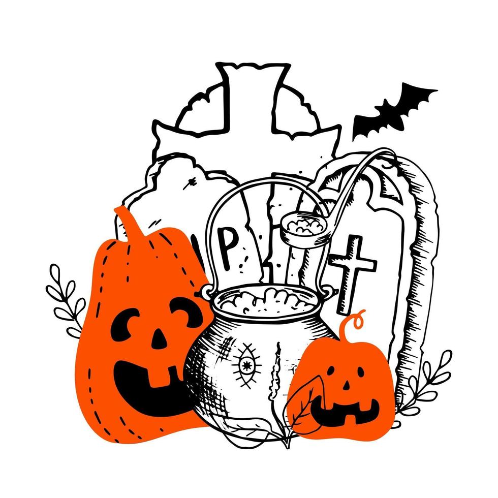 Halloween orange smiling  pumpkins witchs cauldron with potion vector