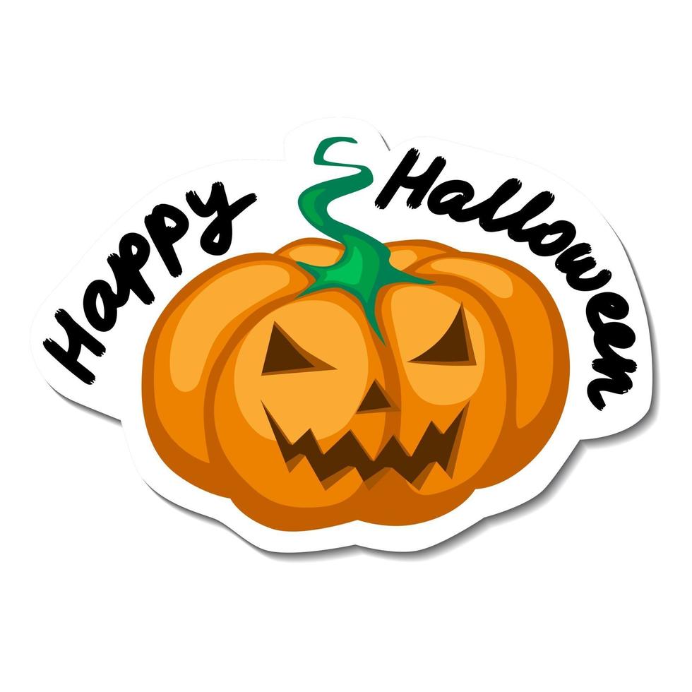 calabaza sonriente naranja y frase de letras feliz halloween. pegatina vector