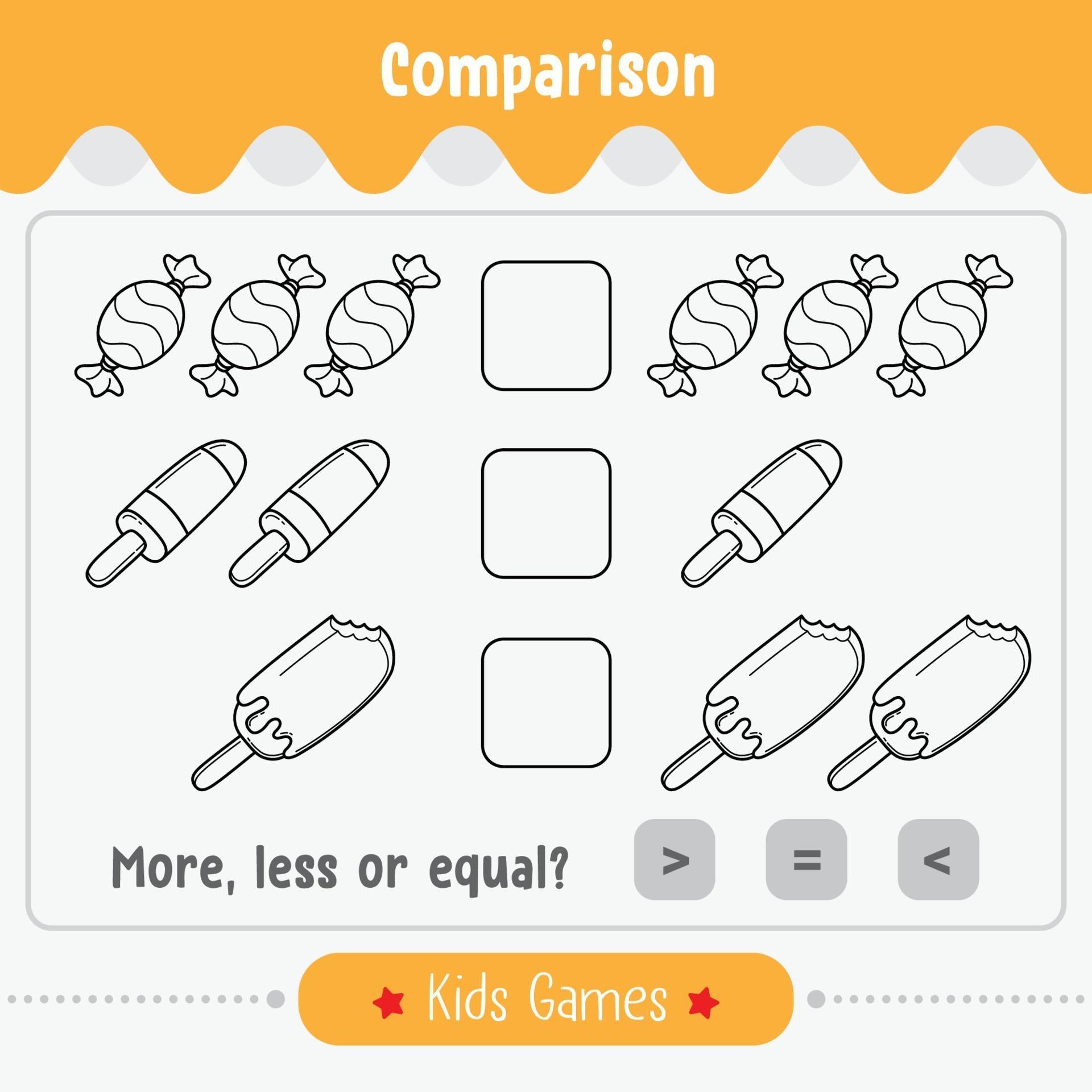 Comparación de juegos de matemáticas de números para niños más menores o iguales 3150441 Vector