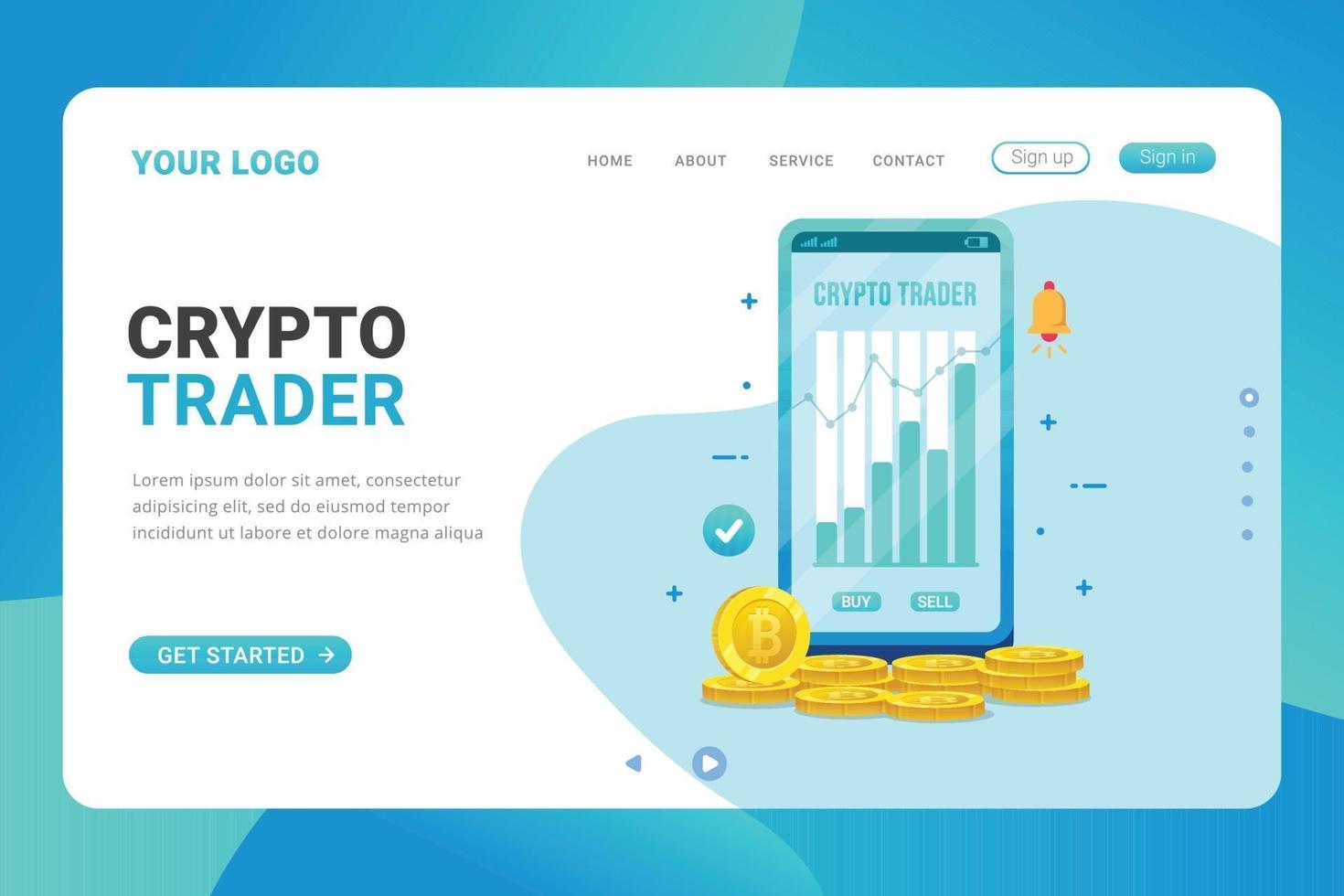 Landing pagi template cryptocurrency trader application vector