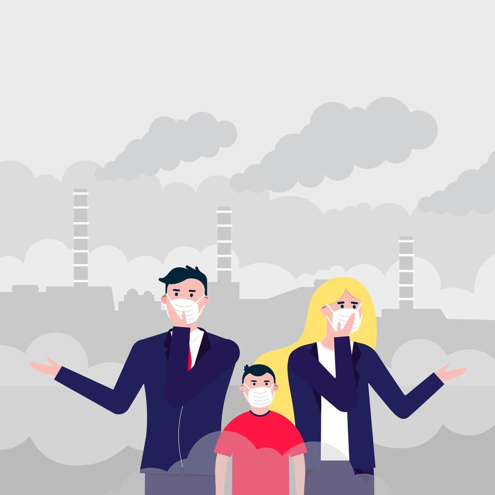 Confused man, woman, kid masks against smog. vector