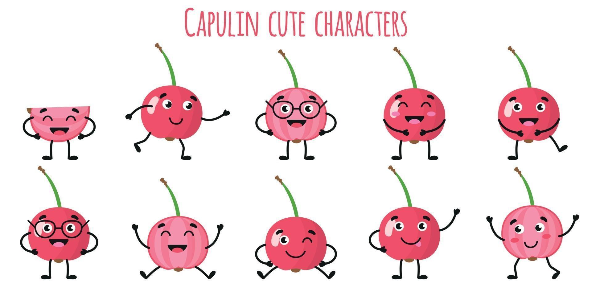 capulin fruit lindos personajes divertidos con diferentes emociones vector