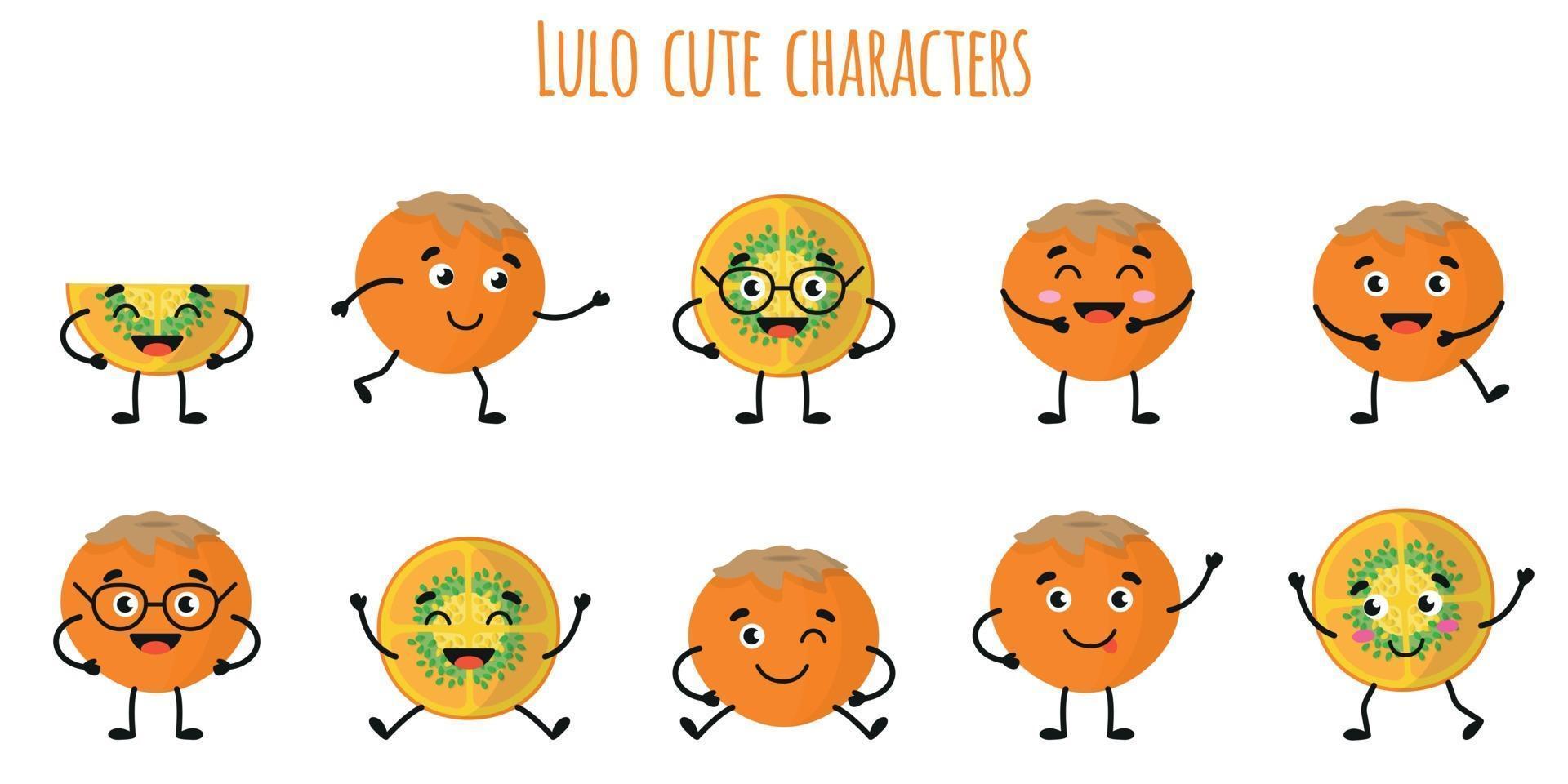 lulo fruit lindos personajes divertidos con diferentes emociones. vector