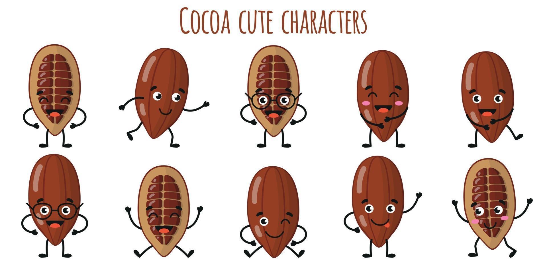 Cocoa fruit cute funny characters  with different emotions vector