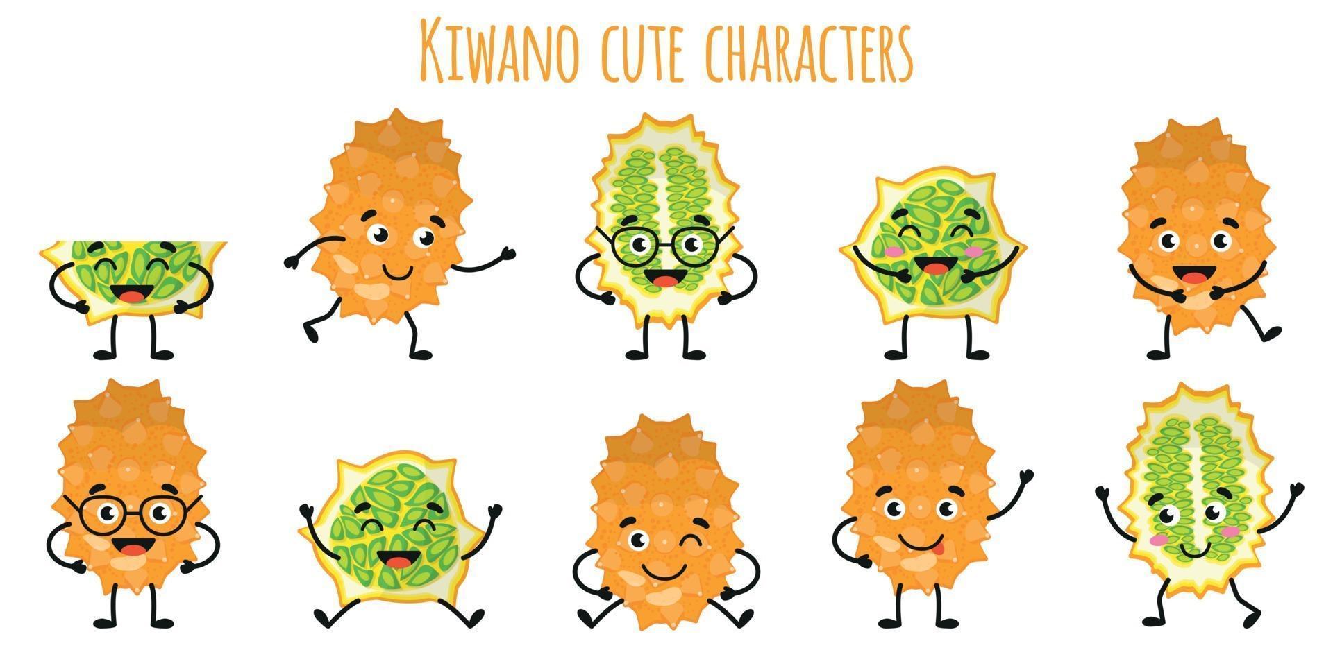 kiwano fruit lindos personajes divertidos con diferentes emociones vector