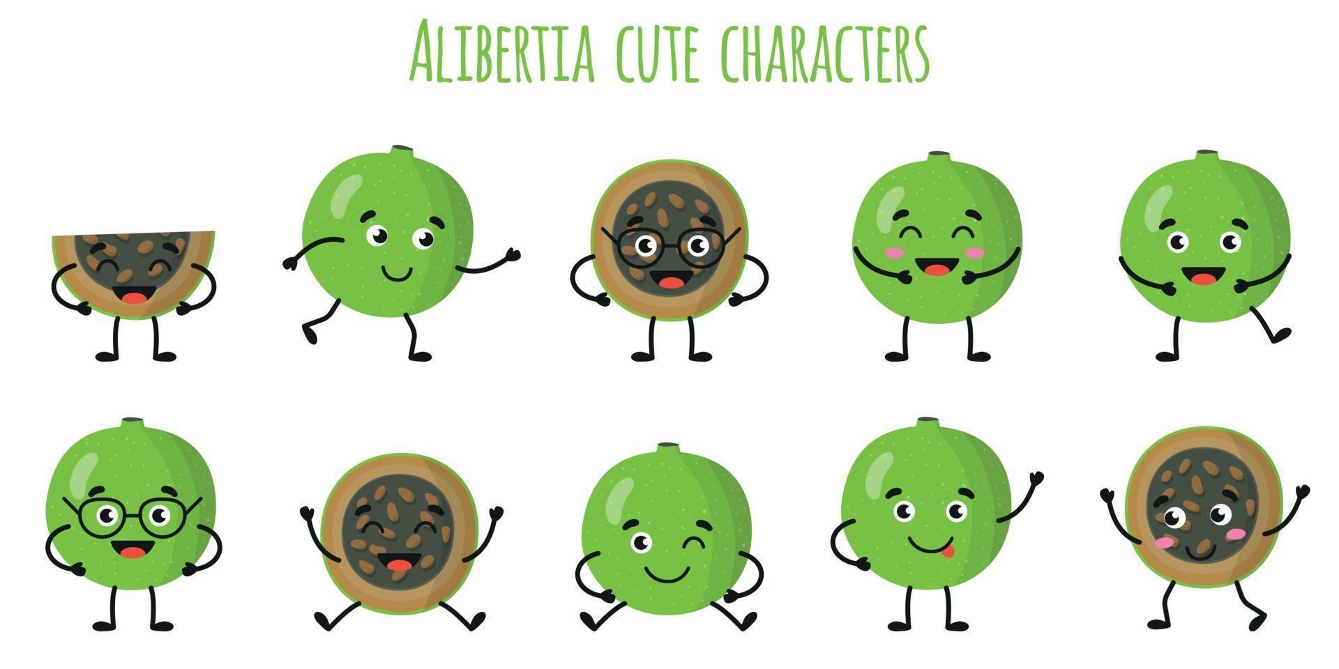 Alibertia fruit lindos personajes divertidos con diferentes emociones. vector