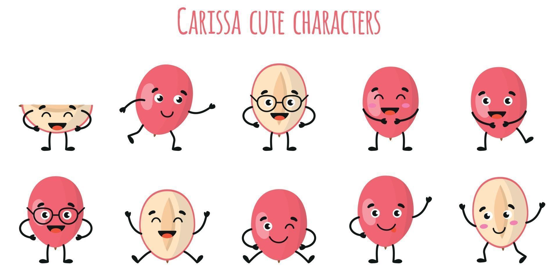 Carissa Fruit lindos personajes divertidos con diferentes emociones. vector