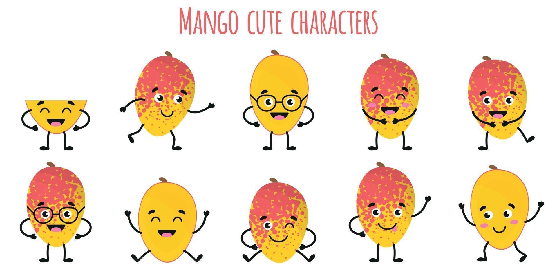 Fruta de mango lindos personajes divertidos con diferentes emociones. vector