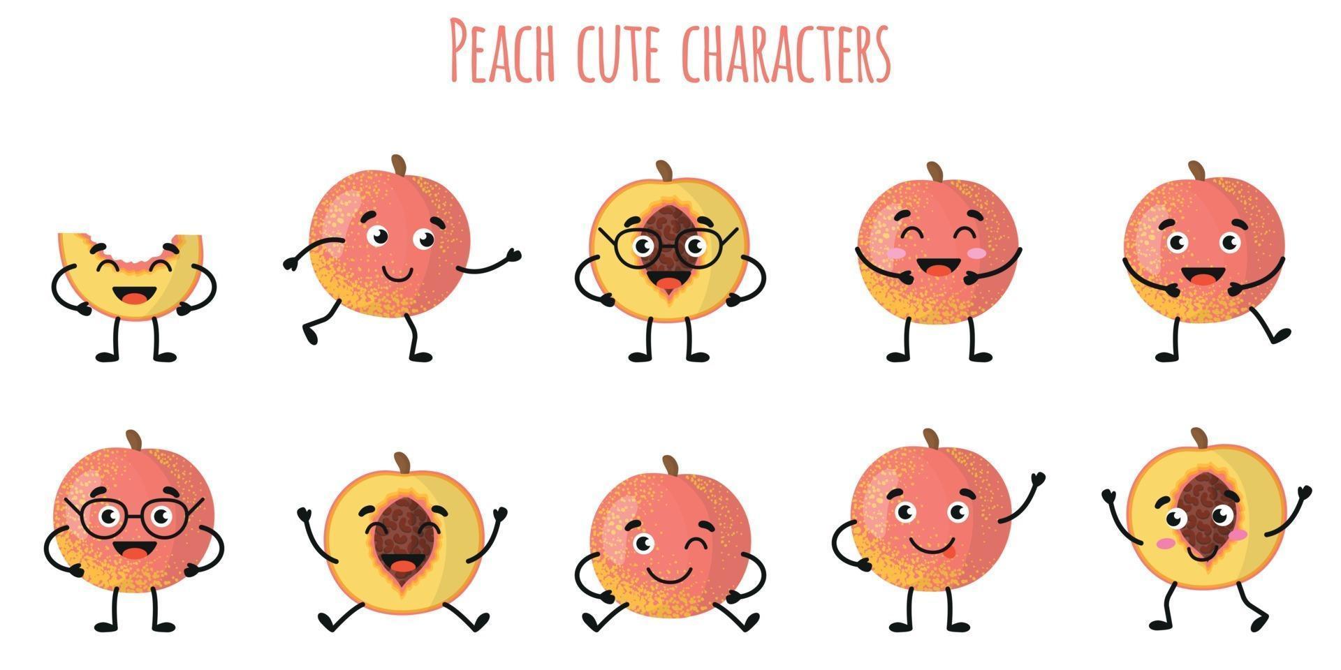 Peach fruit cute funny characters  with different emotions vector