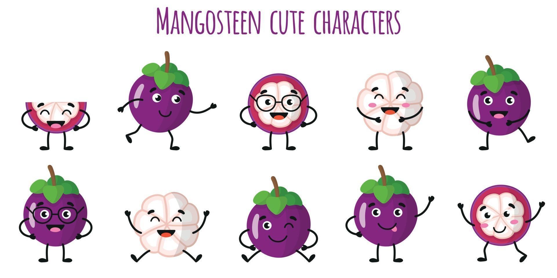 frutas de mangostán lindos personajes divertidos con diferentes emociones vector