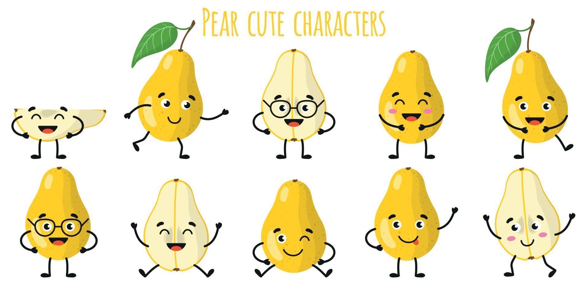 Pear fruit cute funny characters with different emotions vector