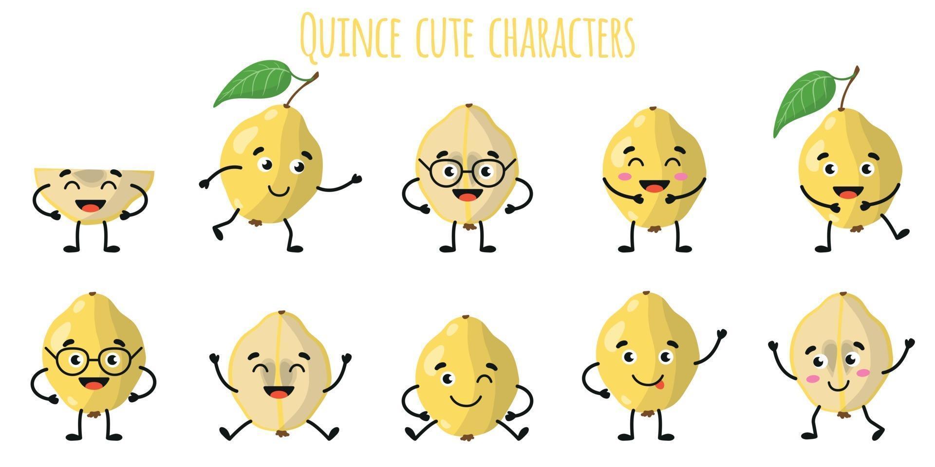 Quince fruit cute funny characters with different emotions vector