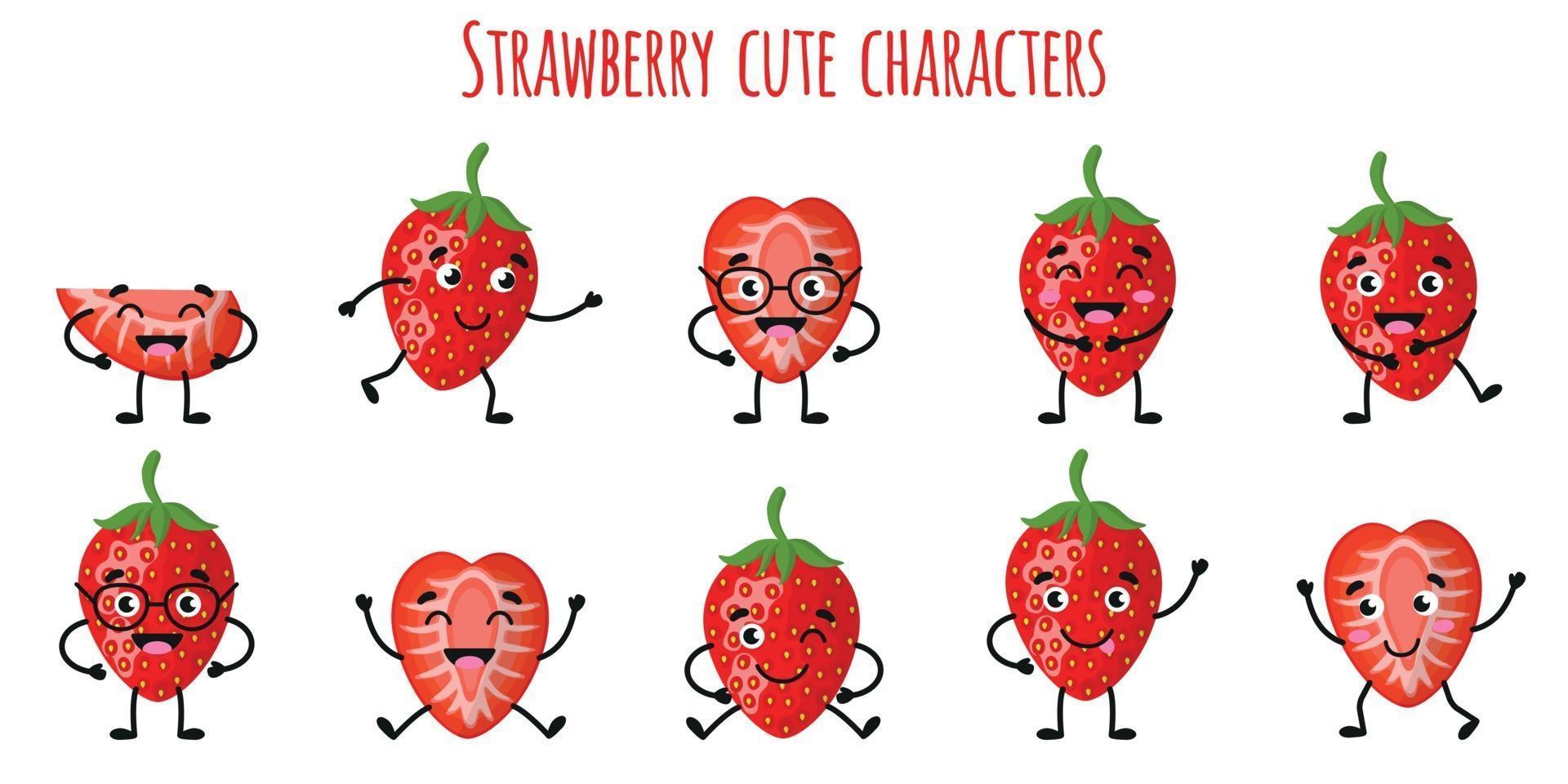 Strawberry fruit cute funny characters with different emotions vector