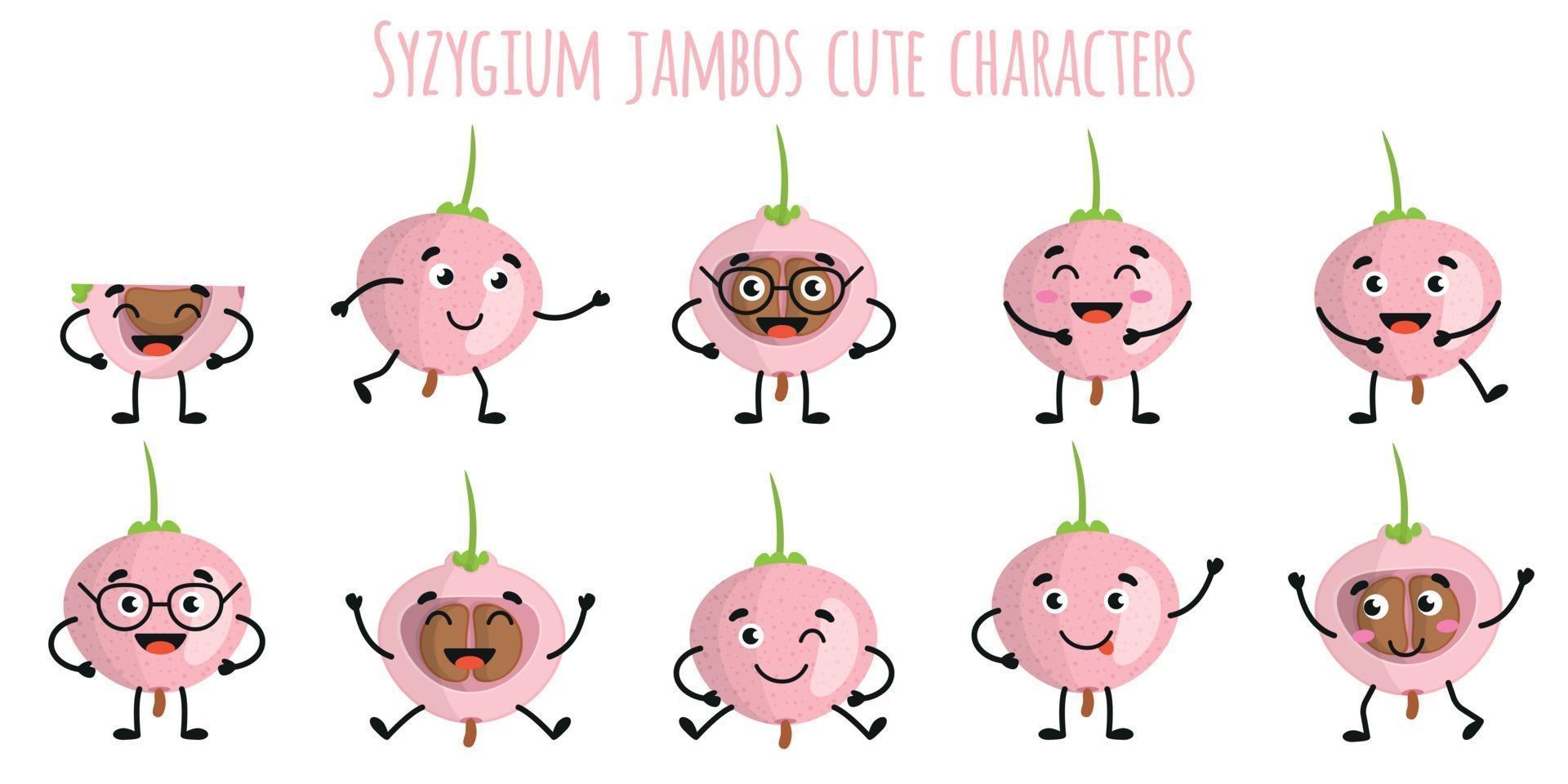 syzygium jambos fruit lindos personajes divertidos con diferentes emociones vector