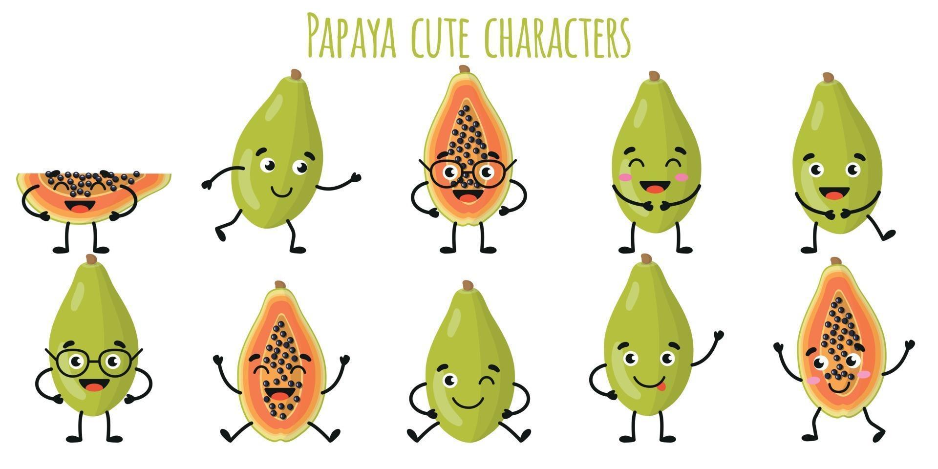 Papaya fruit cute funny characters with different emotions vector