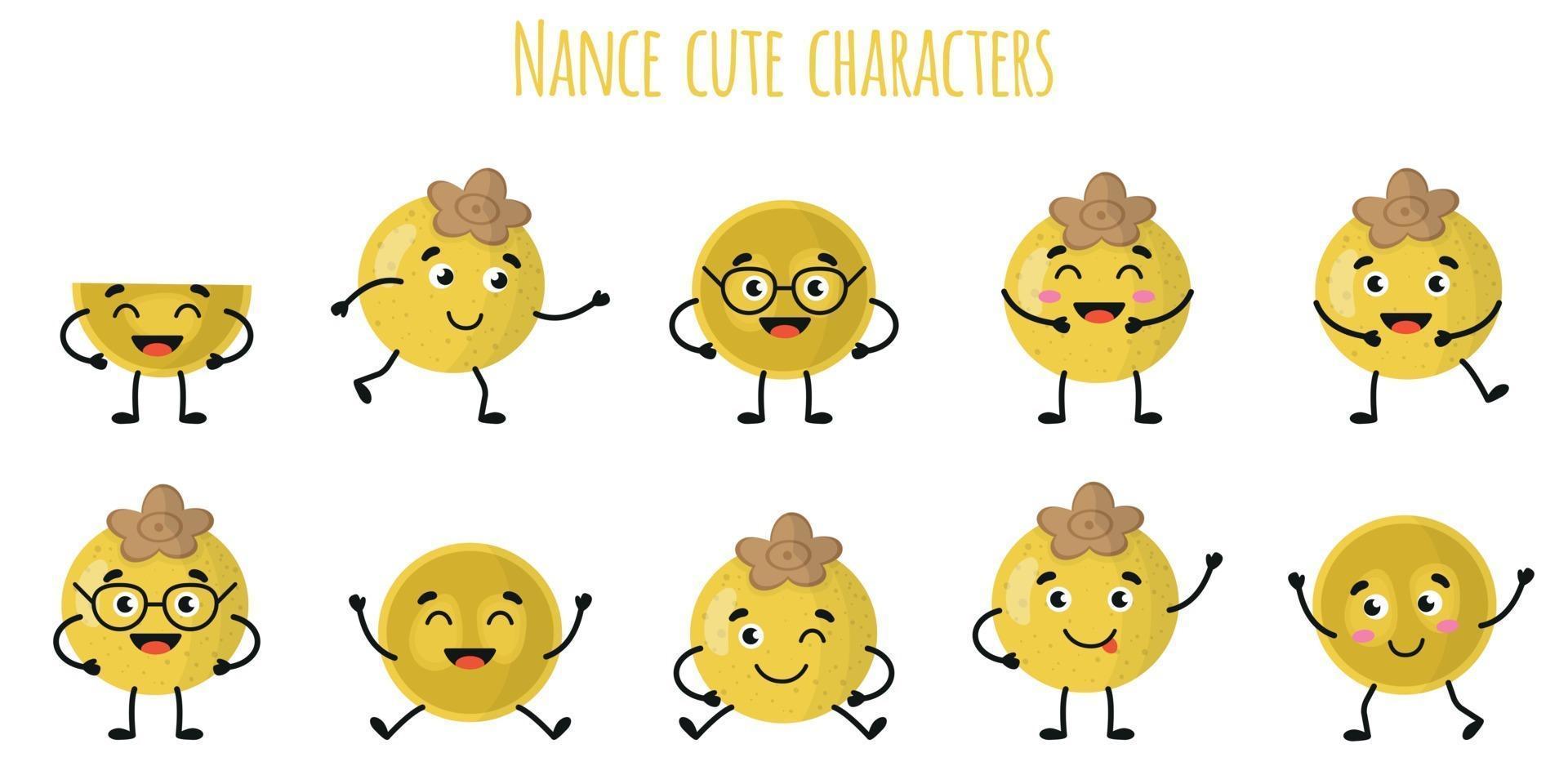 nance fruit lindos personajes divertidos con diferentes emociones. vector