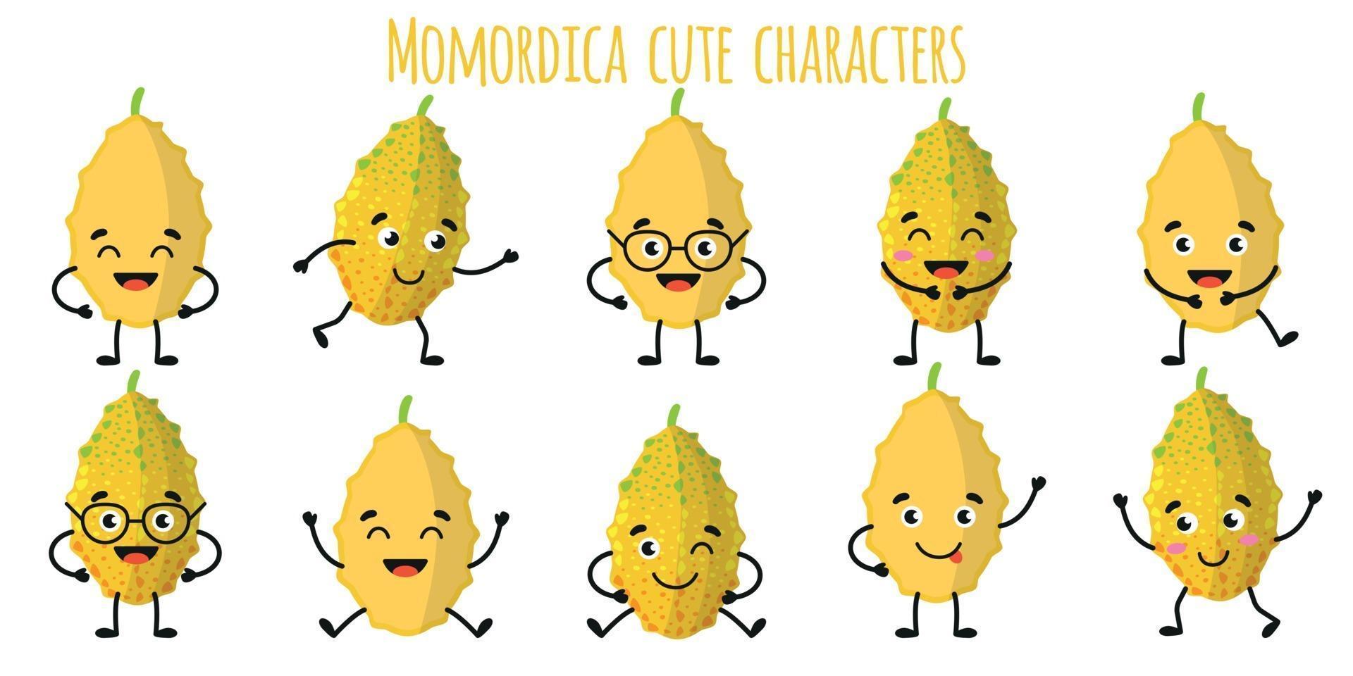 momordica fruit lindos personajes divertidos con diferentes emociones vector