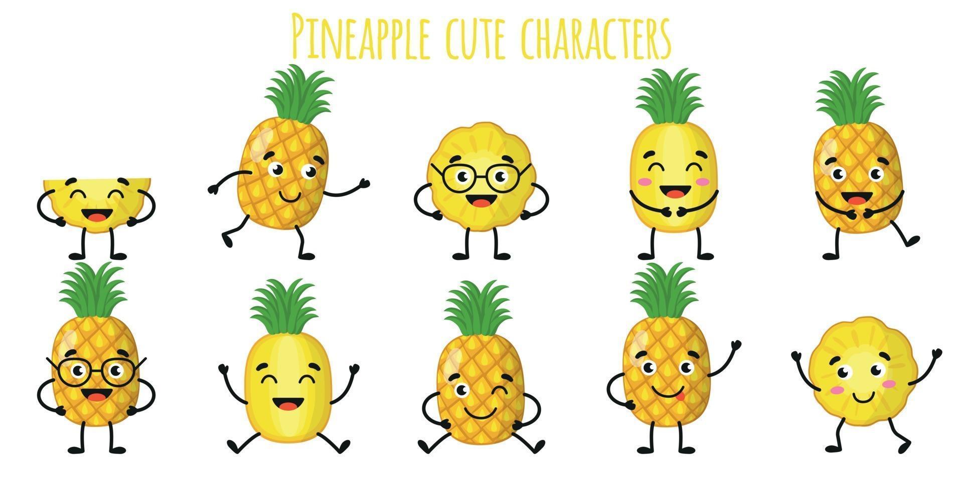 Pineapple fruit cute funny characters with different emotions vector