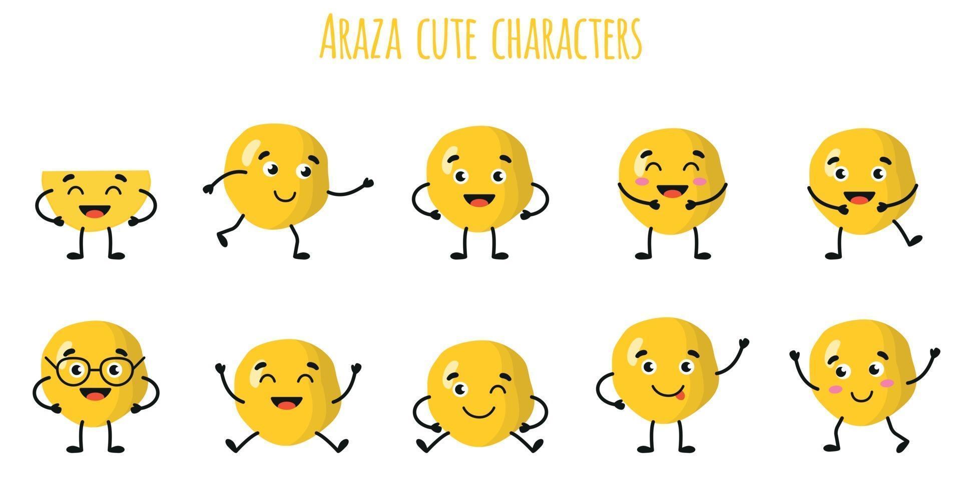 Araza Fruit lindos personajes divertidos con diferentes emociones. vector