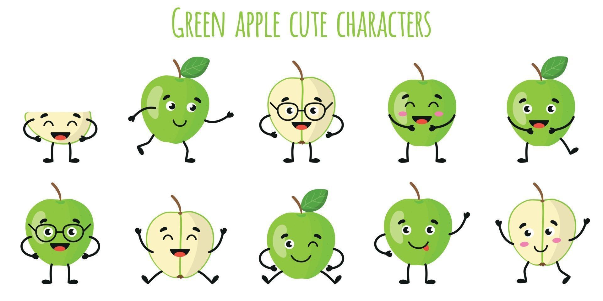 Green apple fruit cute funny characters with different emotions vector