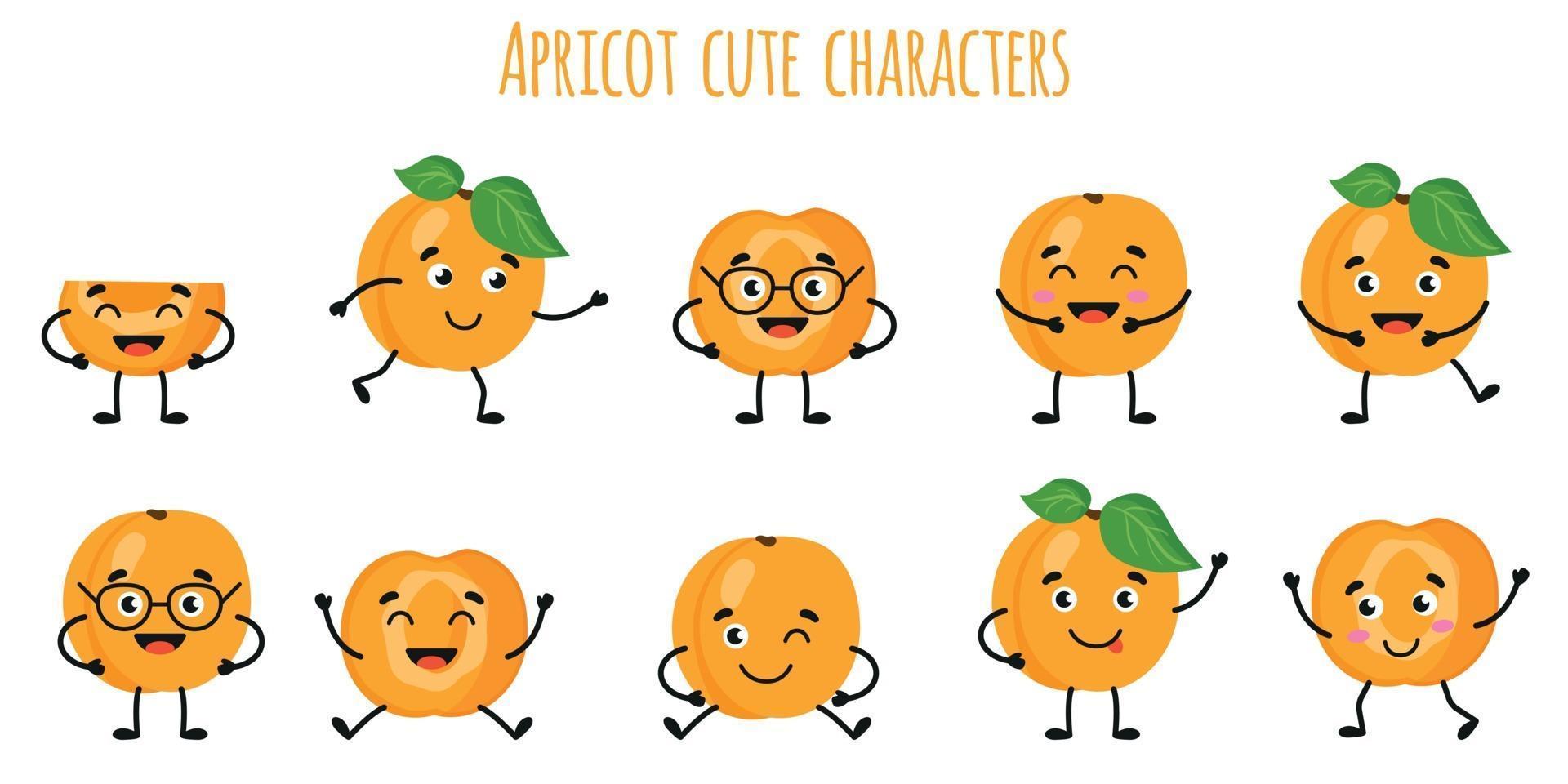 Apricot fruit cute funny characters with different emotions vector