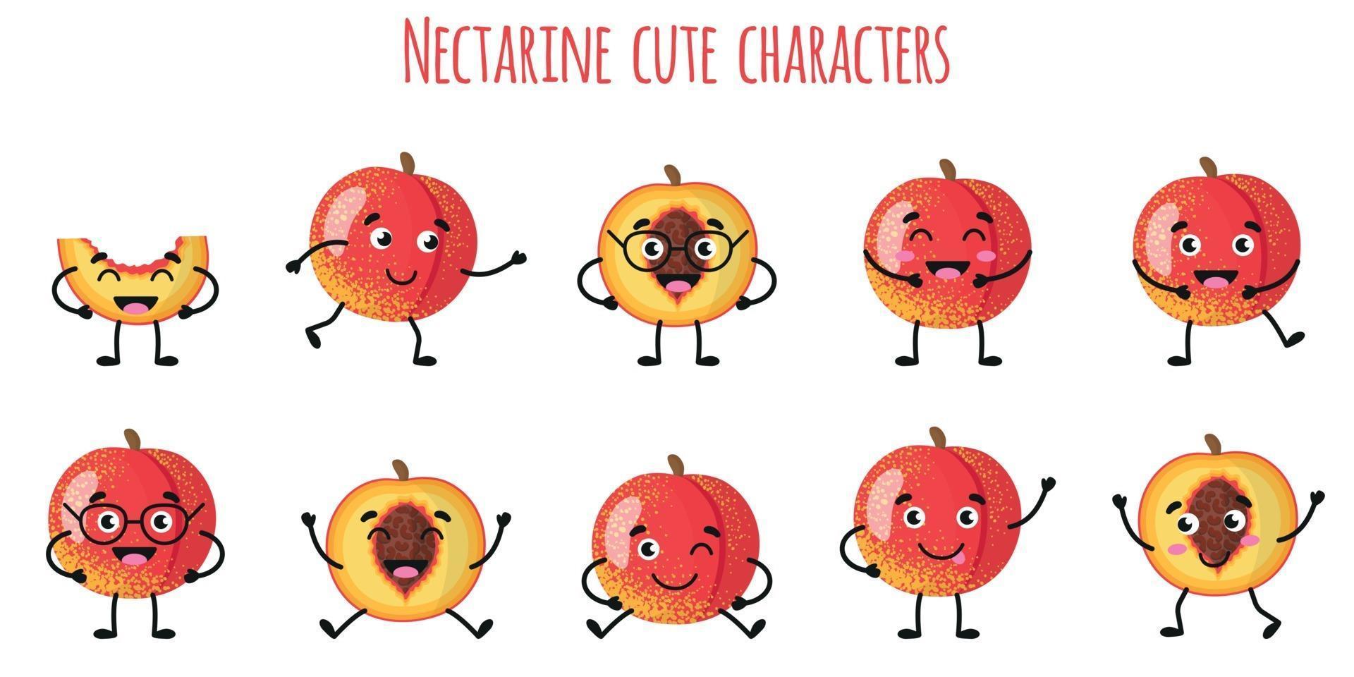 nectarina, fruta, lindo, divertido, personajes, con, diferente, emociones vector