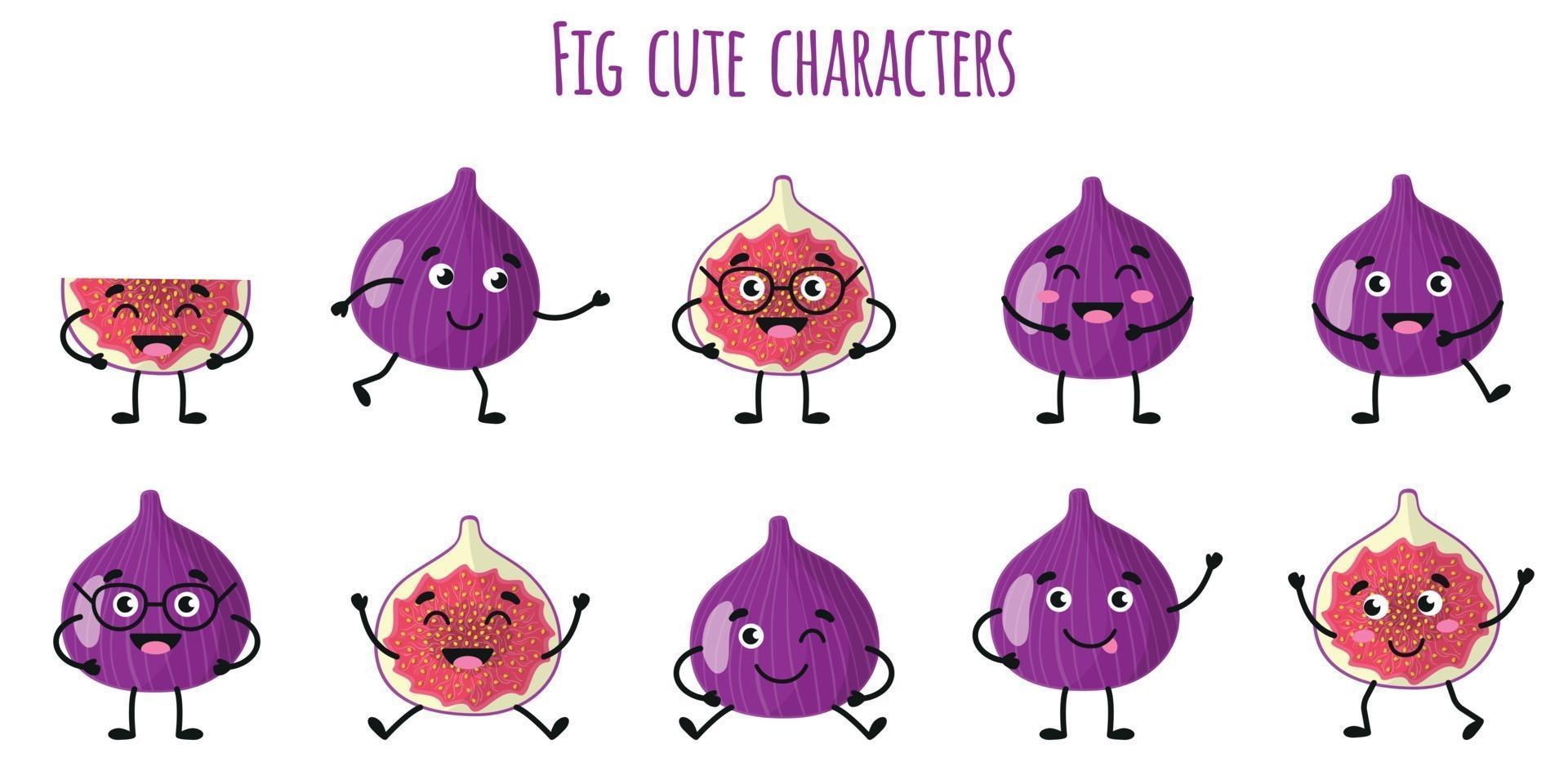 Fig fruit cute funny characters with different emotions vector