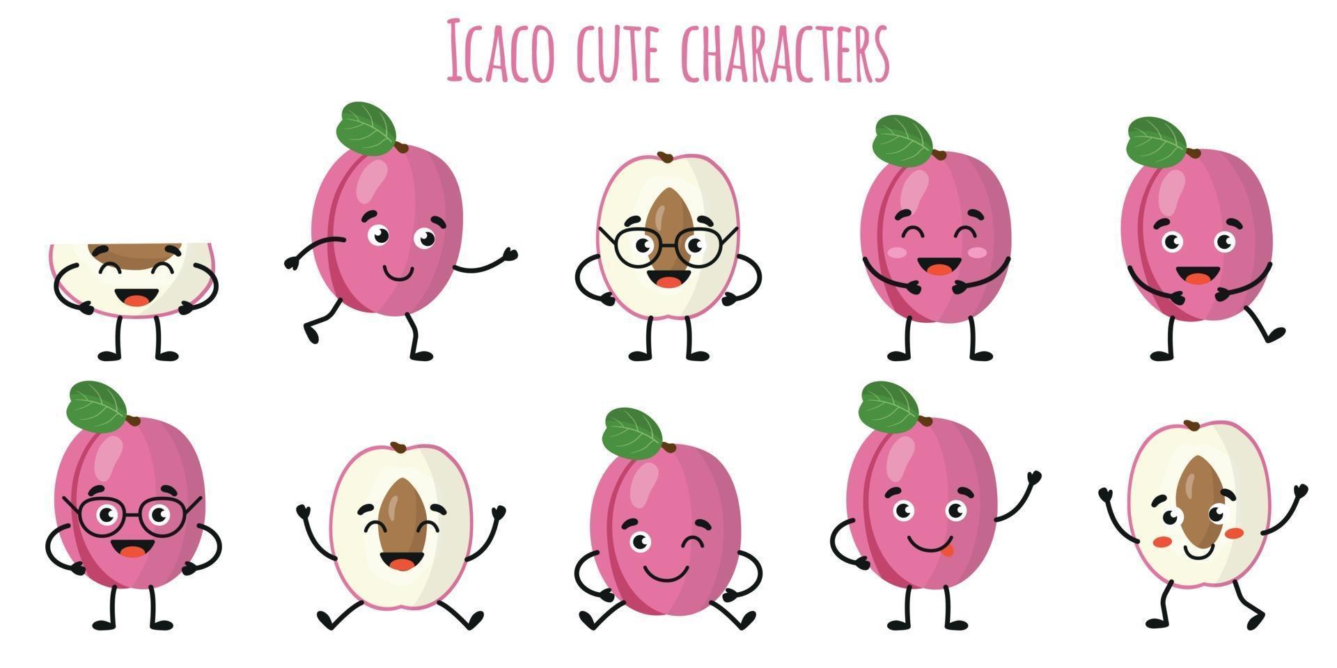 icaco fruit lindos personajes divertidos con diferentes emociones. vector