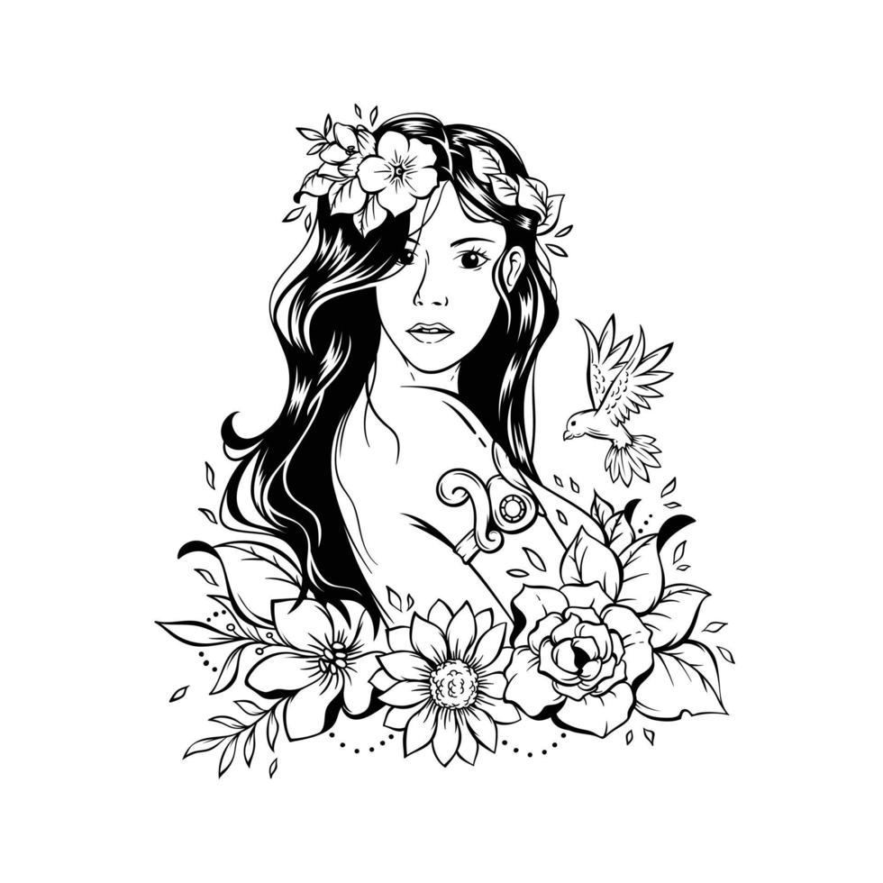 dibujado a mano belleza joven mujer con flores vector