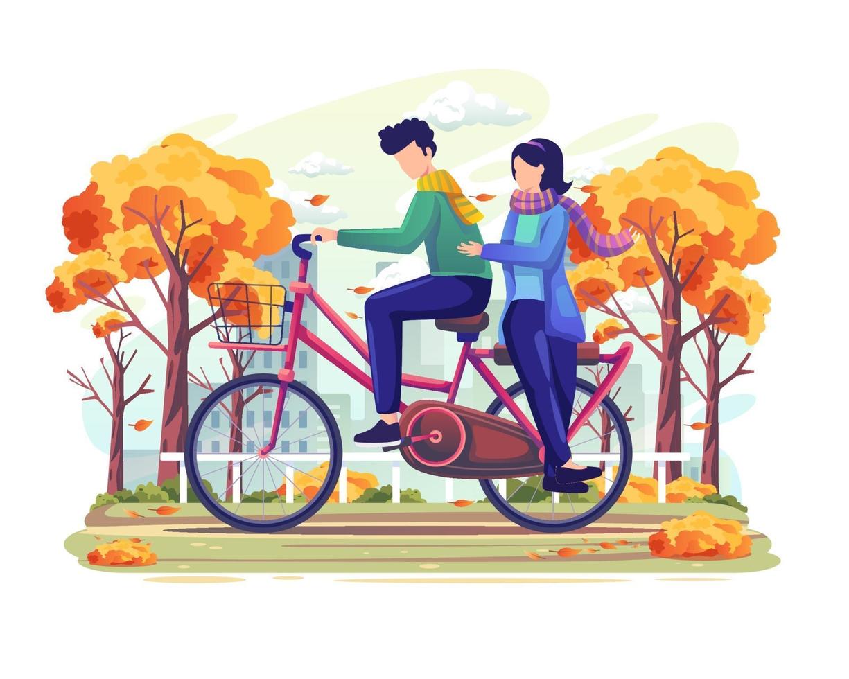 Couple on a date riding a bicycle in autumn. vector illustration