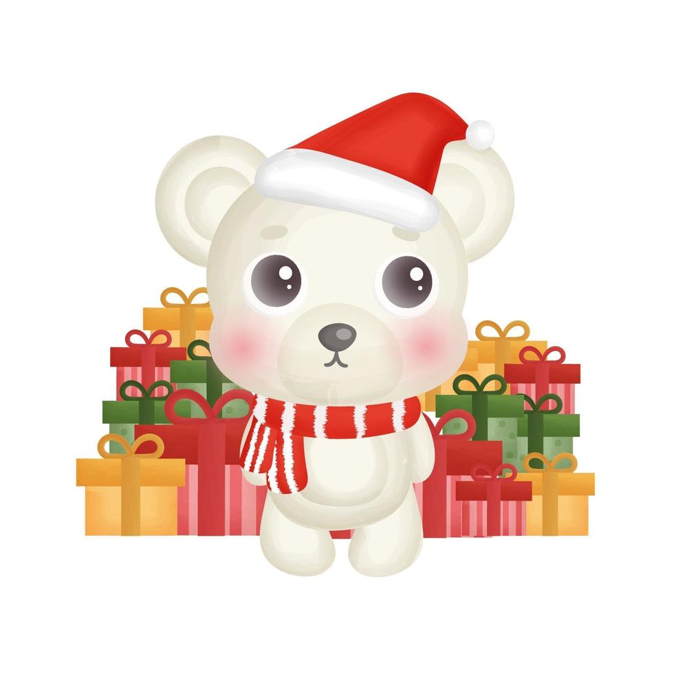 Christmas card with water color white bear and gift boxes. vector