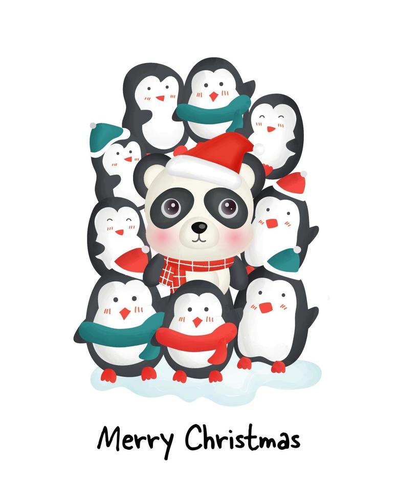feliz día de navidad con lindos pingüinos y panda para tarjeta de felicitación. vector