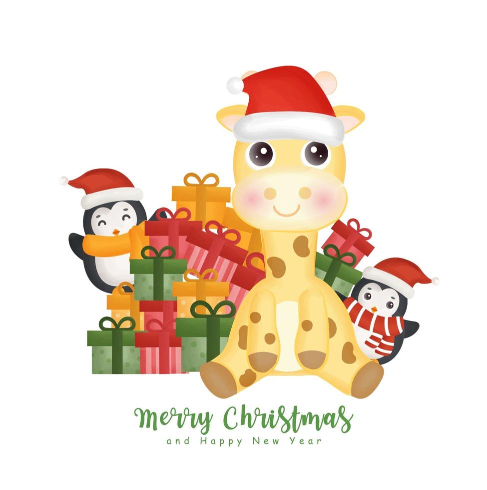 Christmas  giraffe, penguin and giftboxes for greeting card. vector