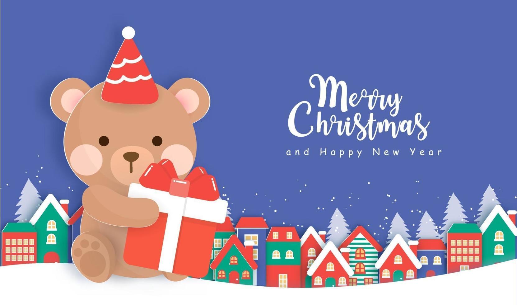 Christmas greeting card with cute teddy bear in paper cut style. vector