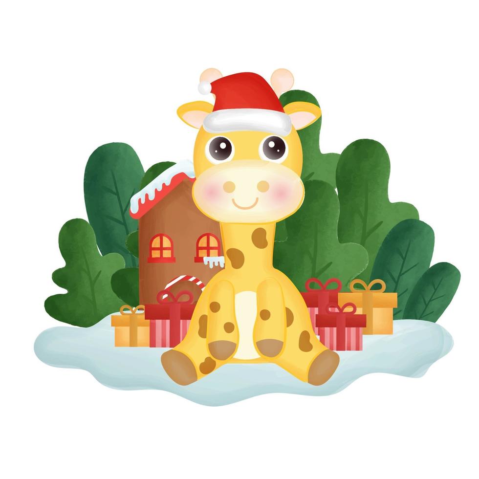 Christmas card with water color giraffe in the forest. vector