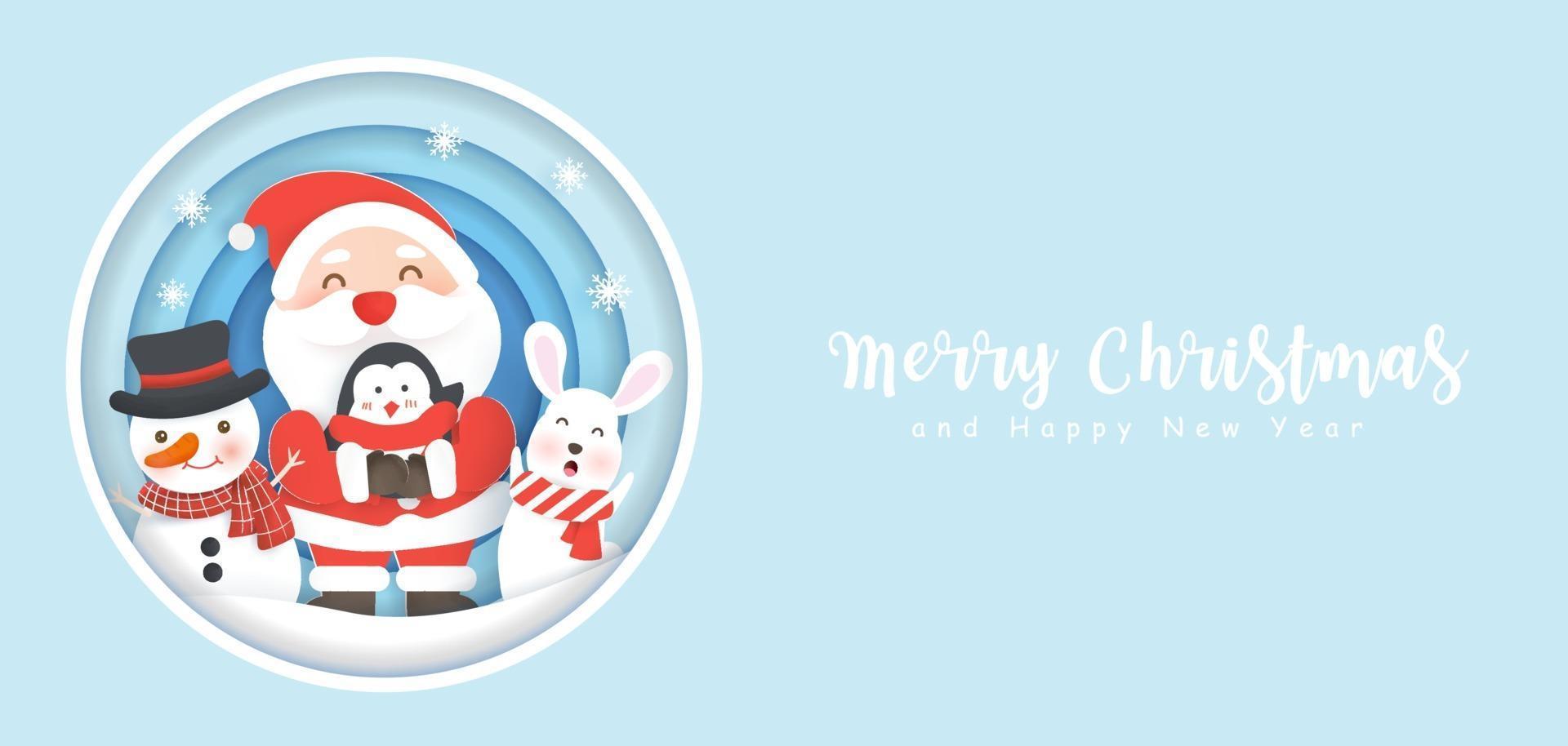 feliz navidad y próspero año nuevo banner con lindo santa y amigos. vector