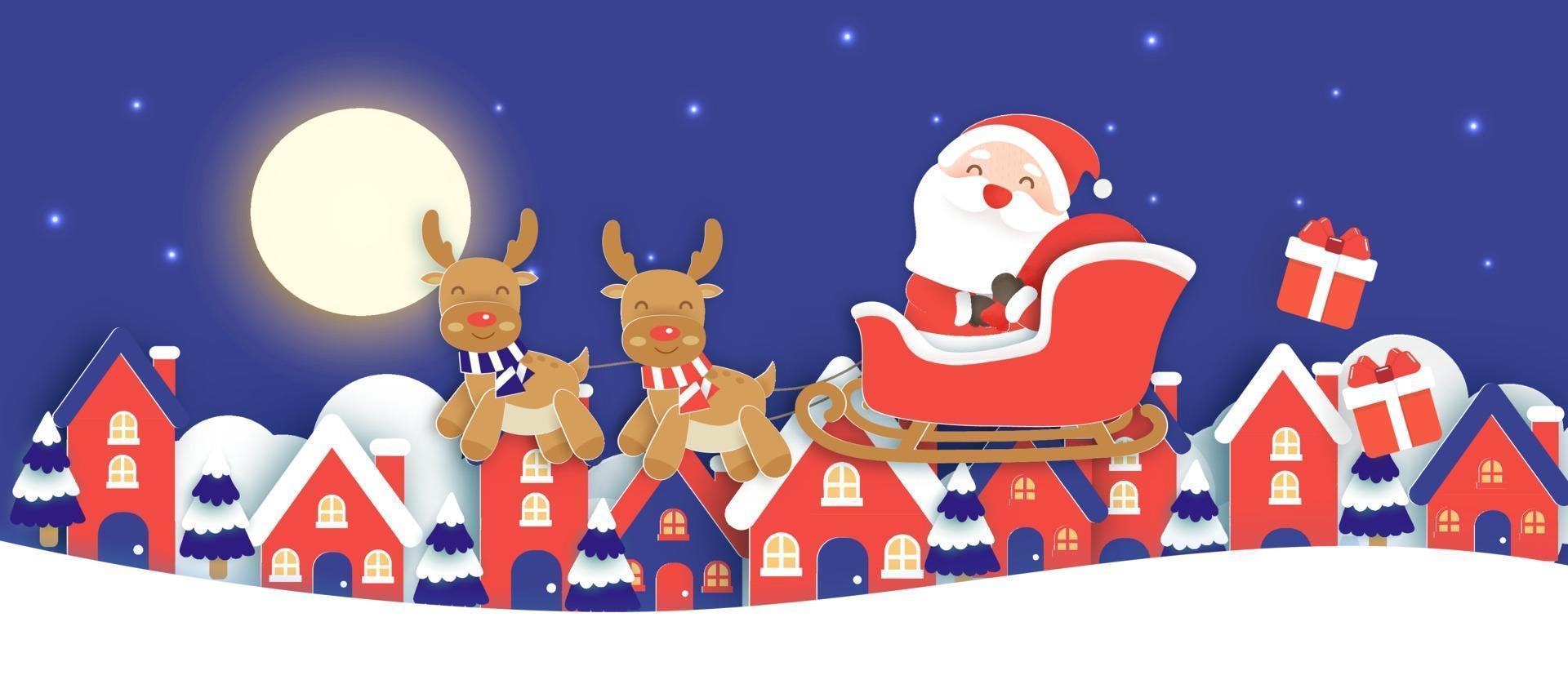 Christmas banner with a Santa Clause and the snow village . vector