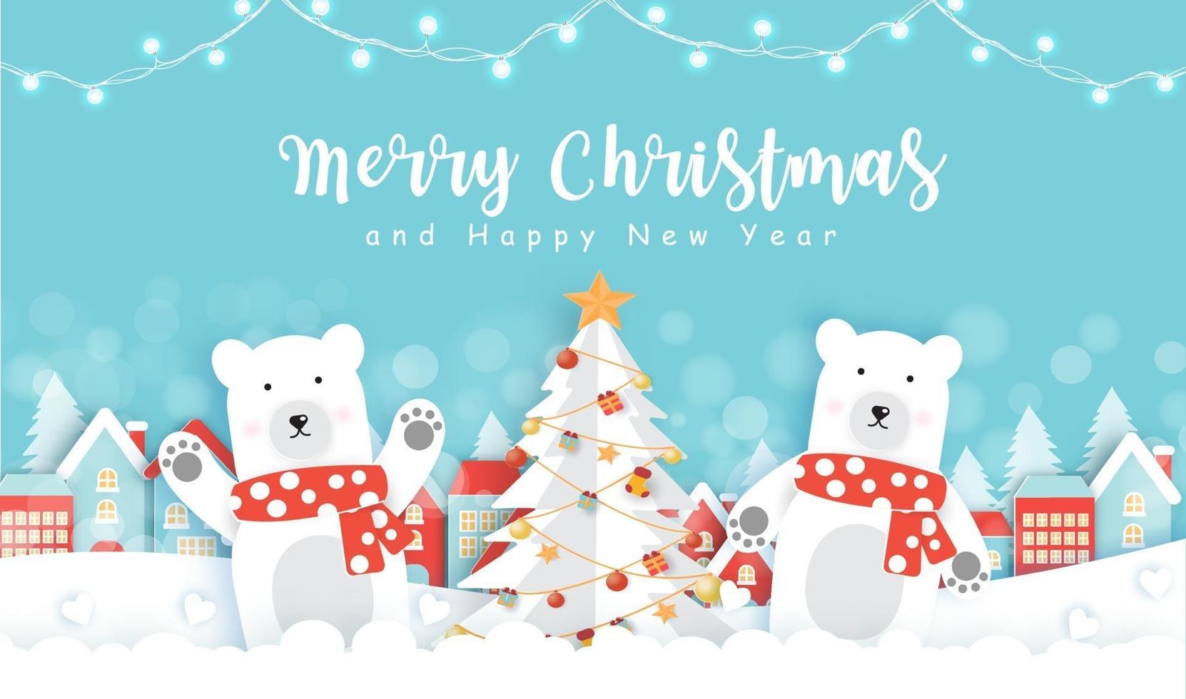 Christmas greeting card with cute polar bear in paper cut style. vector