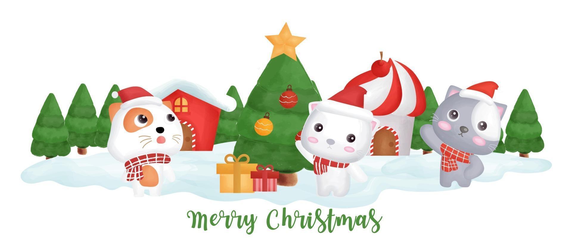 pancarta del día de navidad con lindos gatos en la aldea de nieve. vector