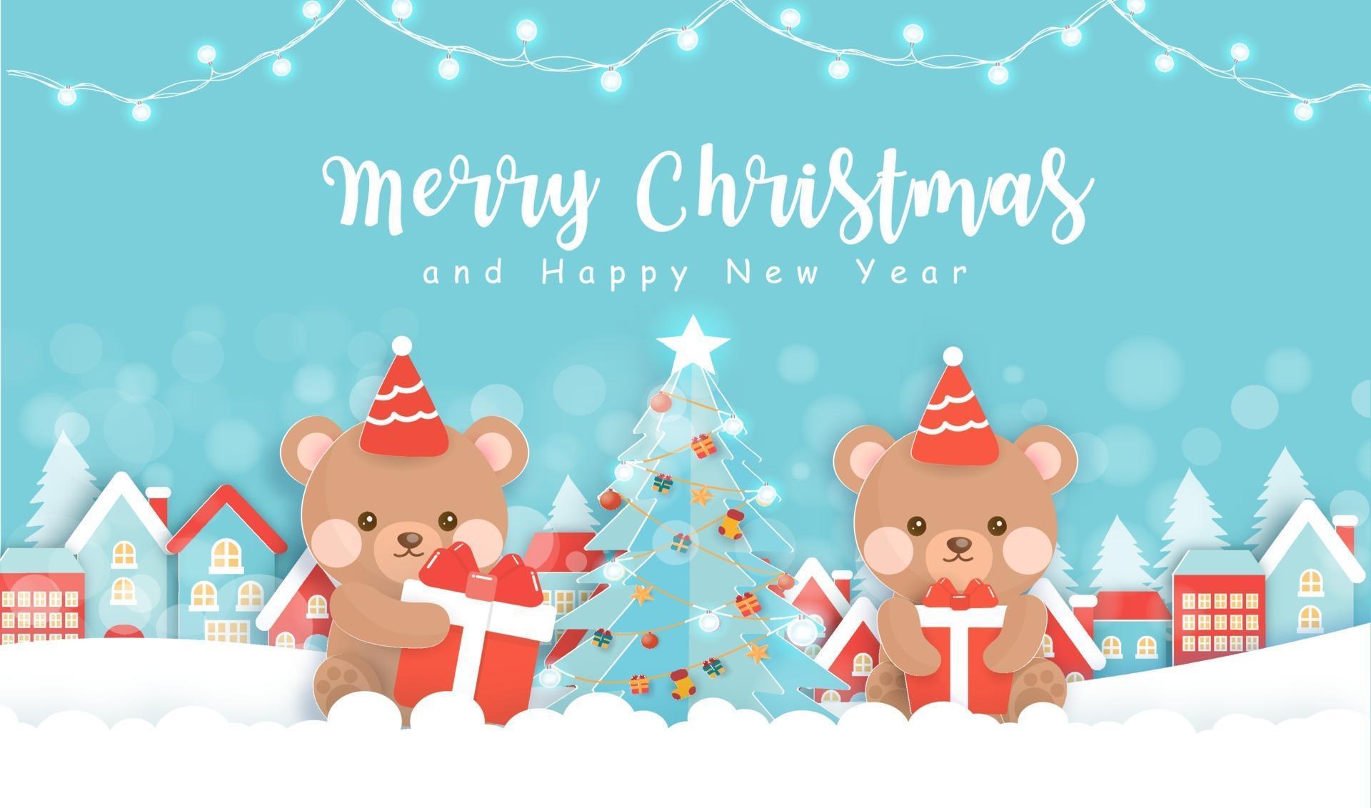 Christmas greeting card with cute teddy bear in paper cut style