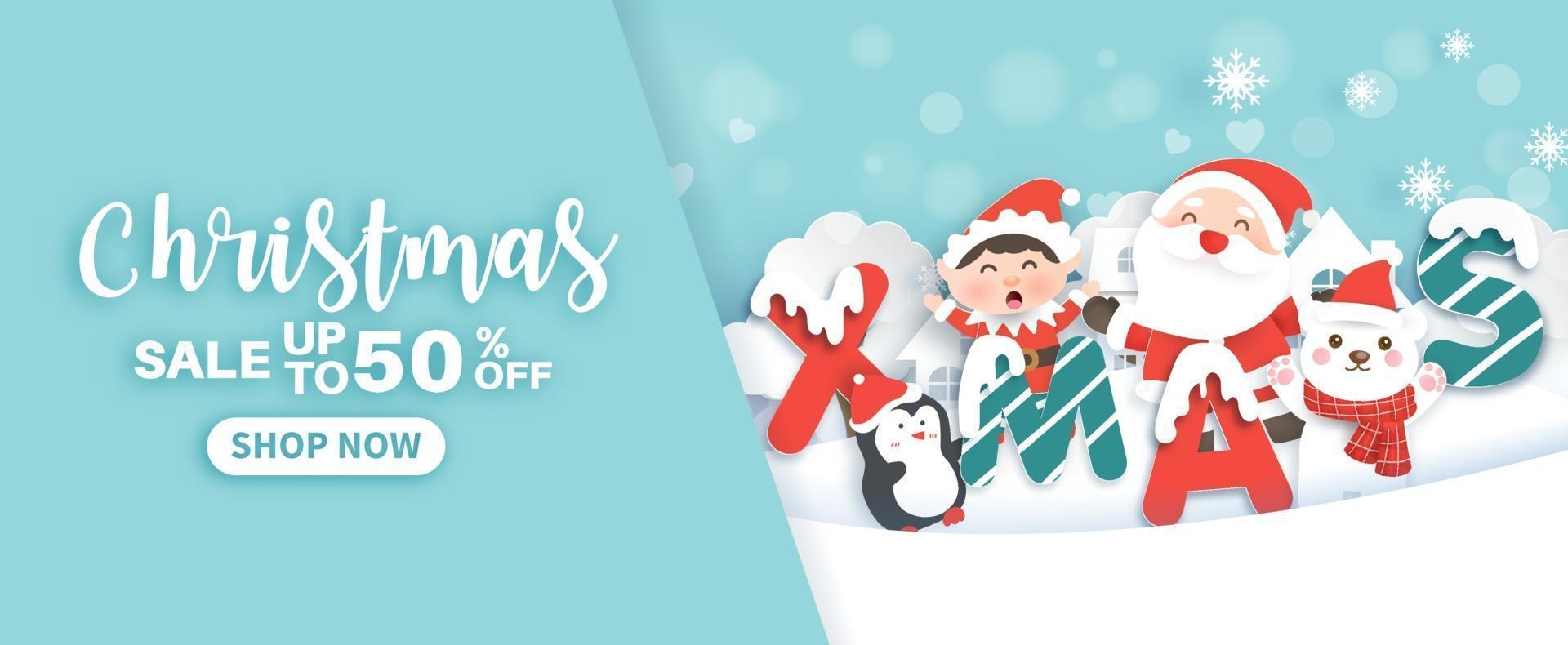 Christmas banner with a Santa Clause and friends. vector