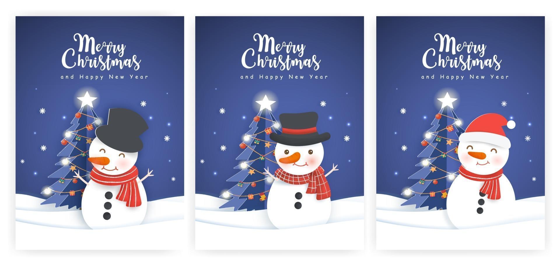 tarjetas de navidad y tarjetas de felicitación de año nuevo con un lindo muñeco de nieve. vector