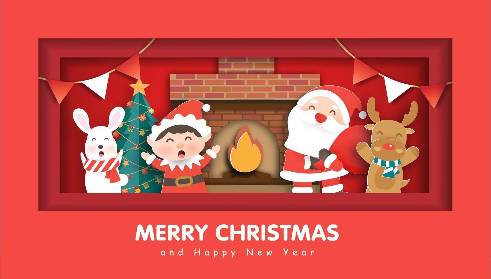 Christmas greeting card with cute Santa clause and friends . vector