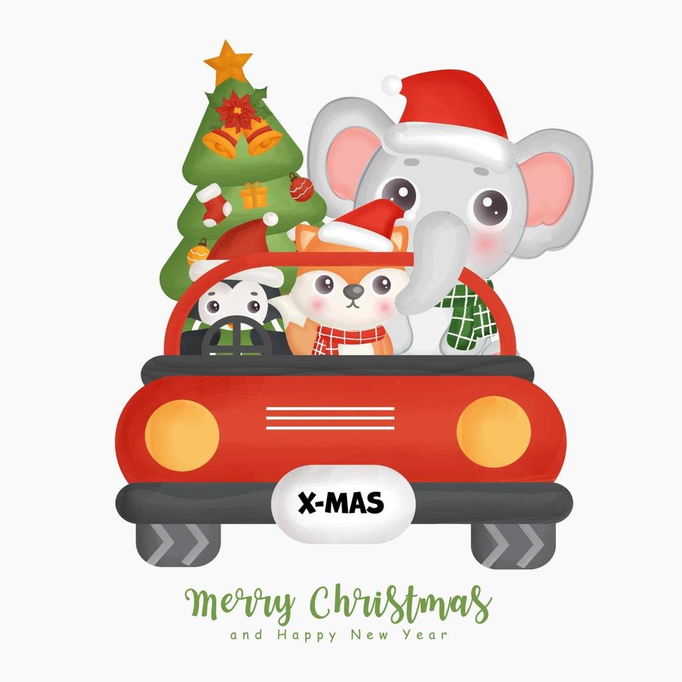 Christmas watercolor with Christmas cute animals . vector